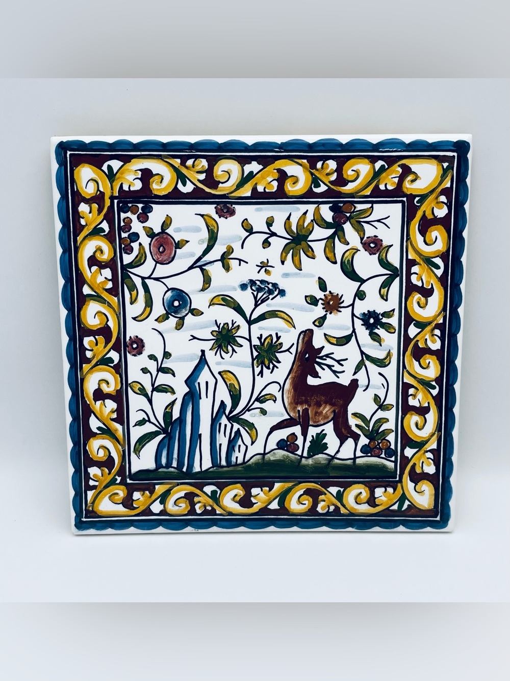 Hand Painted, Ceramic Tile/Trivet, Azupal, Stag, Made in Portugal, 6” x 6”